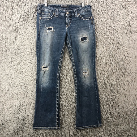 Silver Jeans Womens Size 30 Pioneer Bootcut Distressed Denim Patched Blue - Picture 1 of 14
